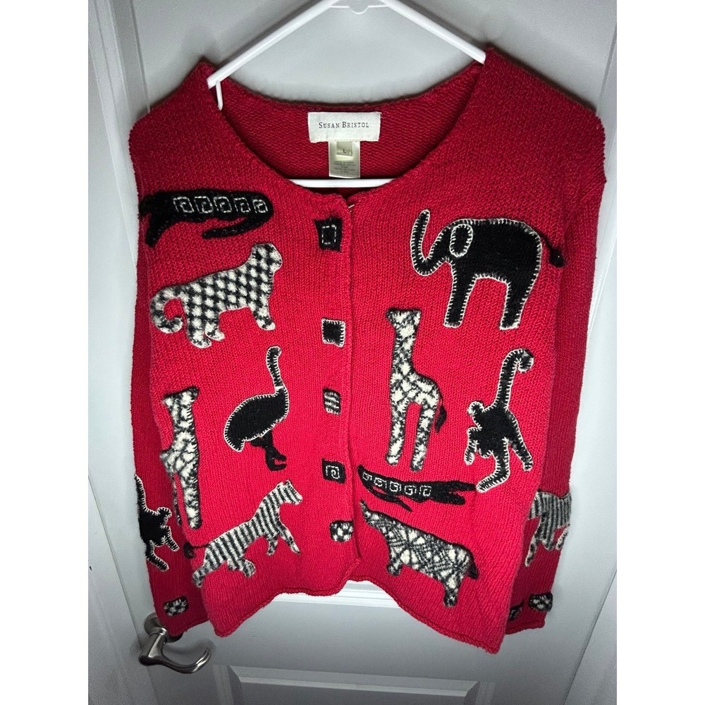 Vintage‎ 90's Susan Bristol AOP Animals Embroidery Knitted Cardigan Sweater